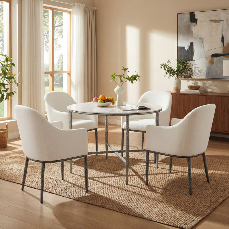Zaylen 5-Piece Dining Table Set With Sintered Stone Top & Upholstered Chairs, Forged Pewter, Beige/Forged Pewter