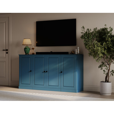 100% Solid Wood TV Stand, 65" Wide TV Console With Raised Panel Doors & Storage