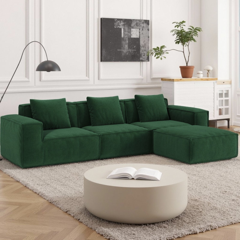 Canapé modulaire en L 118 po pour canapé modulaire en velours côtelé 118 po avec repose-pieds, mousse rembourrée et support à ressort, aucun assemblage requis