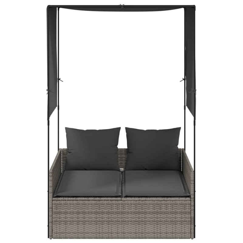  Double Sun Lounger Grey PE Rattan, Powder-Coated Steel, Polyester, Dark Gray, Gray