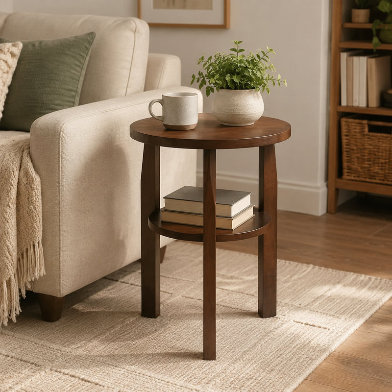 Table de bout ronde 18,89 po en bois d'hévéa massif avec tablette de rangement pour le salon, petits espaces