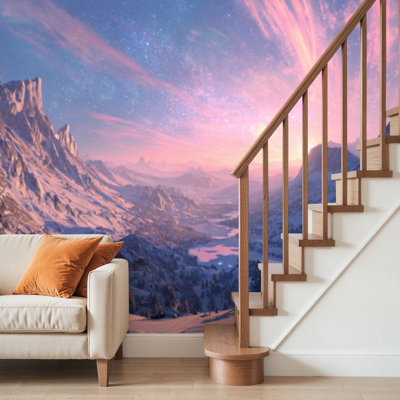 Peel and Stick Wallpaper Wall Mural Magical Fantasy Landscape Vibrant Mountains Glowing Sky Wall Art Self Adhesive and Removable