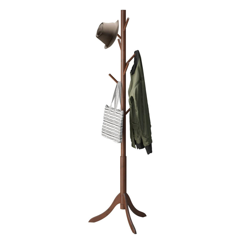 Bamboo Wood Coat Rack Stand, Freestanding Coat Tree With 8 Hooks, Hallway Entryway Hat Hanger Organizer Standing For Bedroom, Office, Clothes, Jackets, Bags, Umbrallas