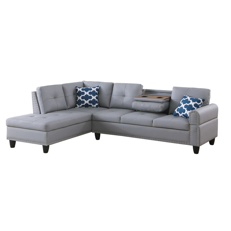 Gray Faux Leather L - Shaped Sectional Seating Four, 3 Piece With Pull Down Middle Seat For Comfortable Game/Movie Sessions, Includes Two Toss Pillows And Storage , Solid Wood Frame Foam Filled