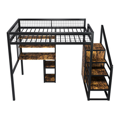 Espace - Lit mezzanine de taille efficace avec tablettes ouvertes, station de charge et design, noir conçu en métal massif