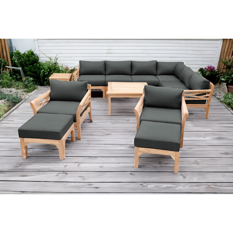 Monterey Outdoor Teak Conversation Set, 5 Pcs:  Sectional,Chair,Cushion,Table,Ottoman, Coal