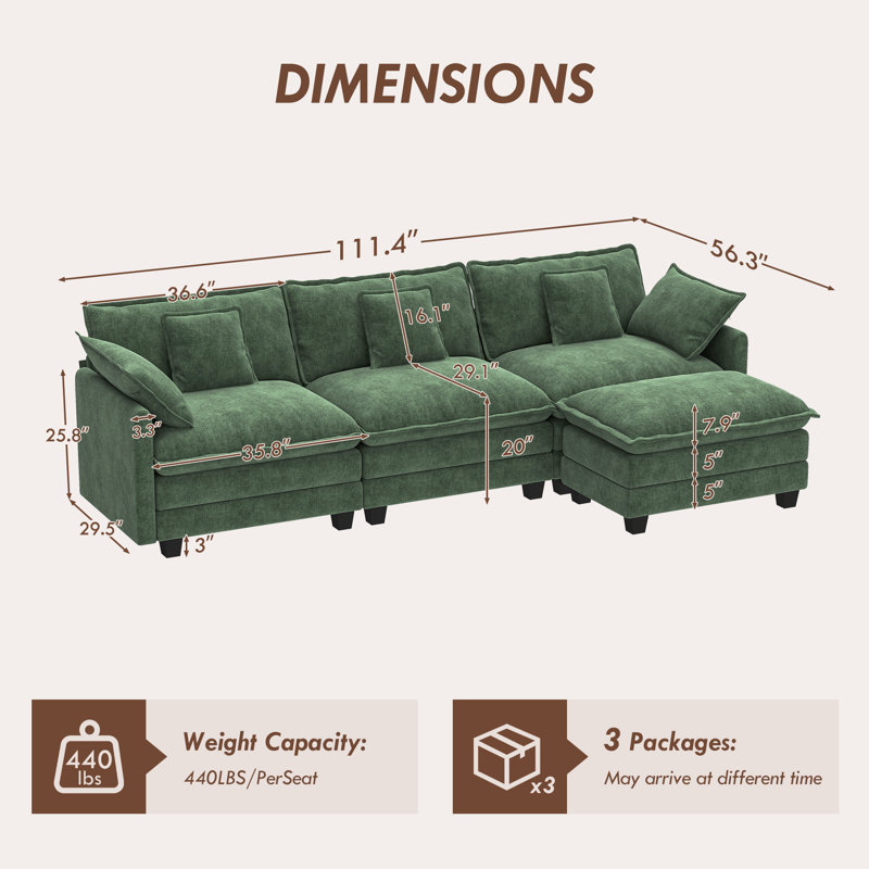 George 111.5" Modern 4 Seat Chenille L Shaped Modular Sectional Sofa With Ottoman, Green Chenille