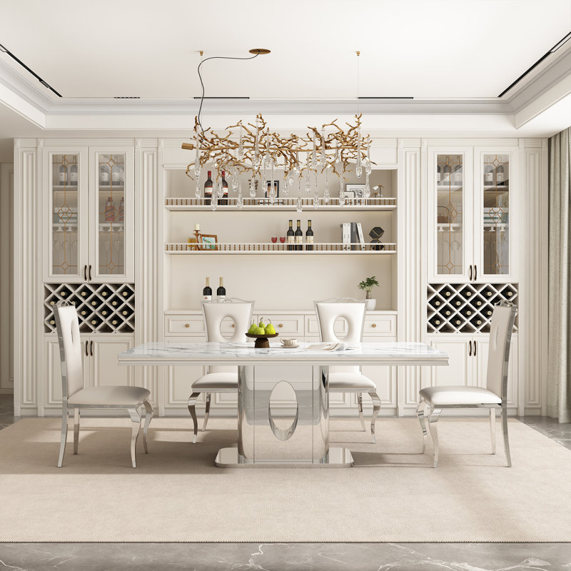 78.74" Rectangular Faux Marble Top Pedestal Dining Set, White/Silver