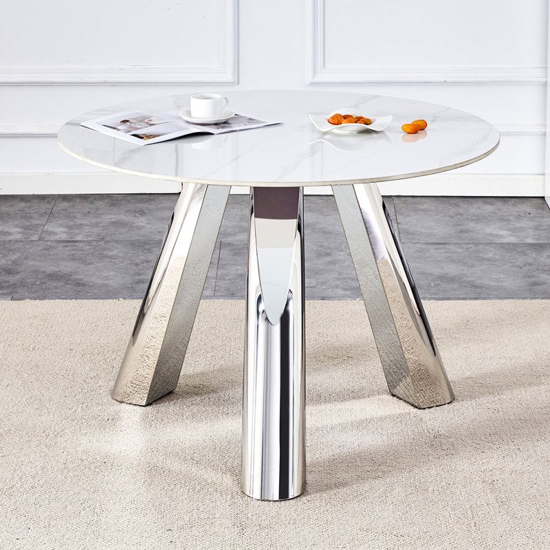 Table de salle à manger élégante de 42 pouces avec plateau en marbre et attrait esthétique rond en acier inoxydable, Argent