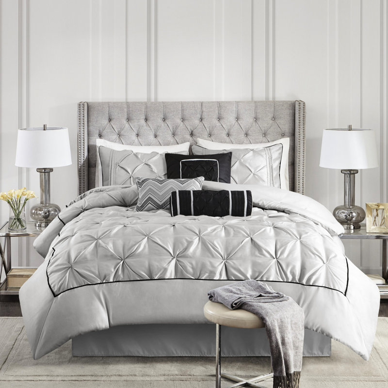 King Size 7 Piece Grey Comforter - Chic, , Includes 1 Comforter, 2 Shams, 3 Pillows, Bed Skirt, Easy To Clean And Fluff Machine Wash Iron