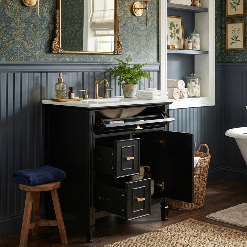 24" Smart Storage Bathroom Vanity With Ceramic Sink, Solid Wood Cabinet With Flip-Out Drawer & 2 Side Drawers (Black), Black