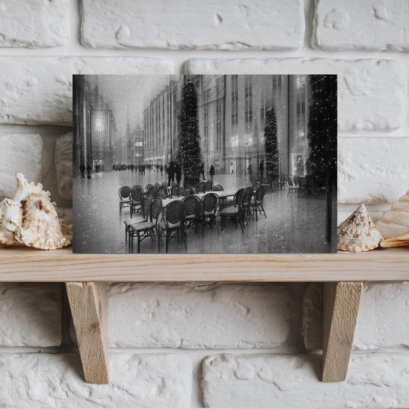 Winter Cafe Snowfall Abstract Contemporary City Wall Art Print 1 Piece Wrapped Canvas Wall Art, 30.48cm H x 45.72cm W
