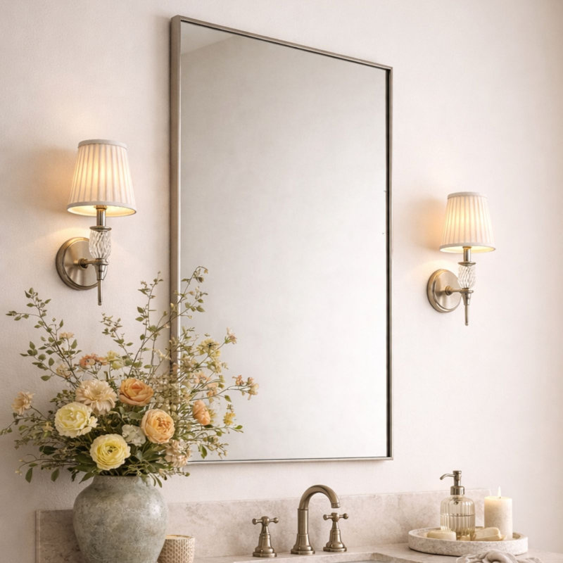 Miroir de salle de bain en nickel brossé avec coins carrés, miroir rectangulaire en acier inoxydable avec cadre en métal 36 po x 24 po