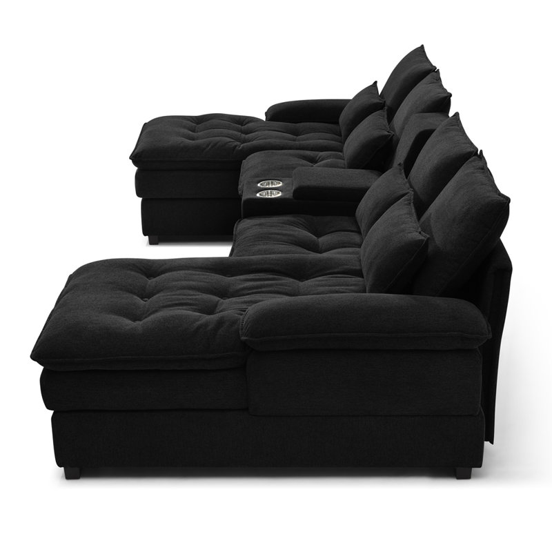 130" U-shaped Sofa with Console,Cupholders,6-seat Upholstered primary living space Furniture,Sleeper Couch Set with Chaise for Living Room,Apartment
