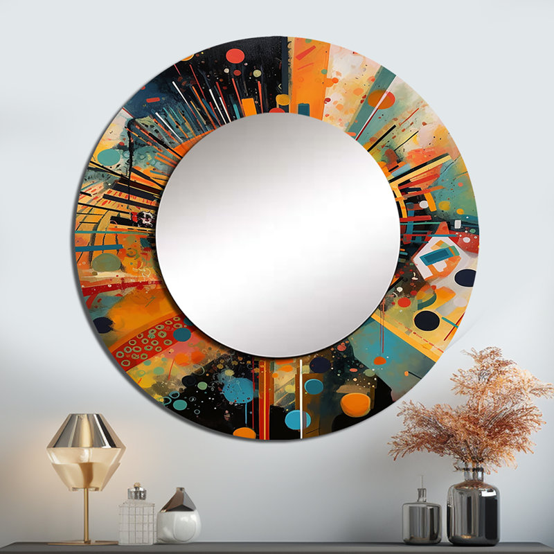 Piercarla orange rétro Vibe BackgIV - miroir décoratif géométrique, miroir mural orange, impression d'art en métal, Rond