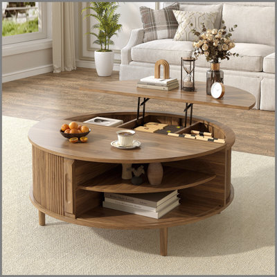 Minimalist Round Lift-Top Coffee Table with Hidden Storage, Sliding Door, Pine Legs, and Wood Wave Finish