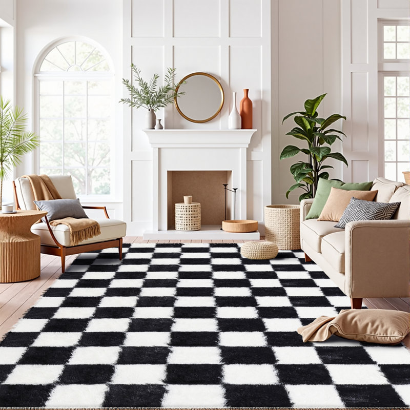 Celi Modern Checkered Shag Area Rug With Non-Slip Backing, Rectangle 8' x 10', Black