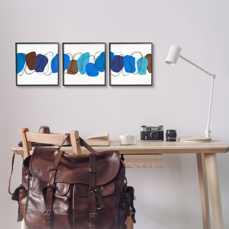 «Modern Modern Oblong Blue Shapes Geometric Abstract Scribble» par Ruth Fromstein - ensemble de 3 impressions sur toile