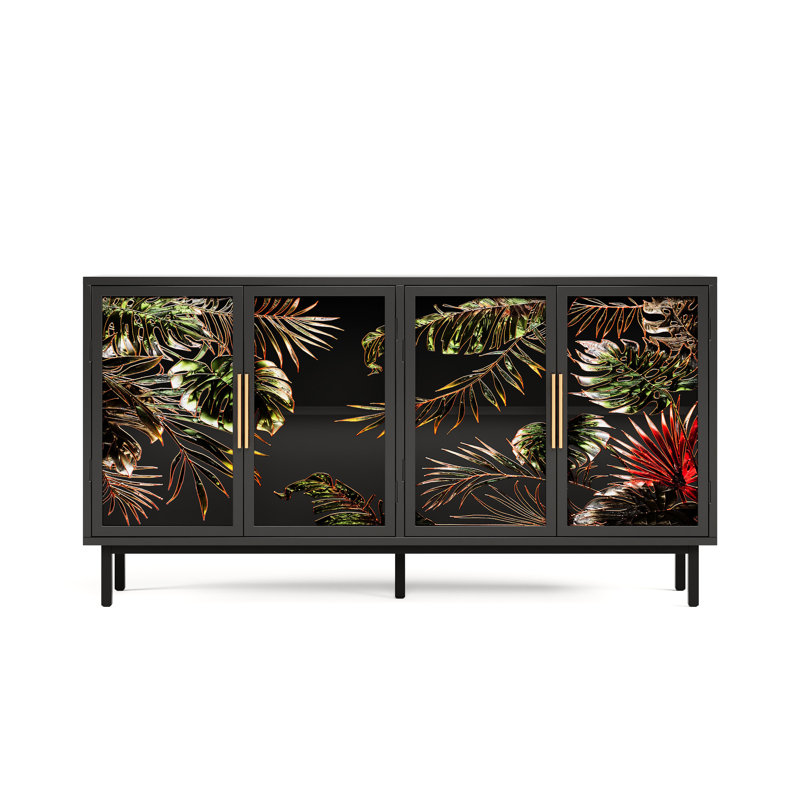 Armoire de rangement 60,3 "avec portes tropicales en verre, décor de salle à manger, compartiments multiples, armoire rétro de 60,3 pouces à 4 portes