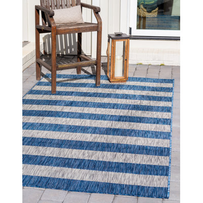 Tapis intérieur / extérieur rayé bleu / gris Simoes