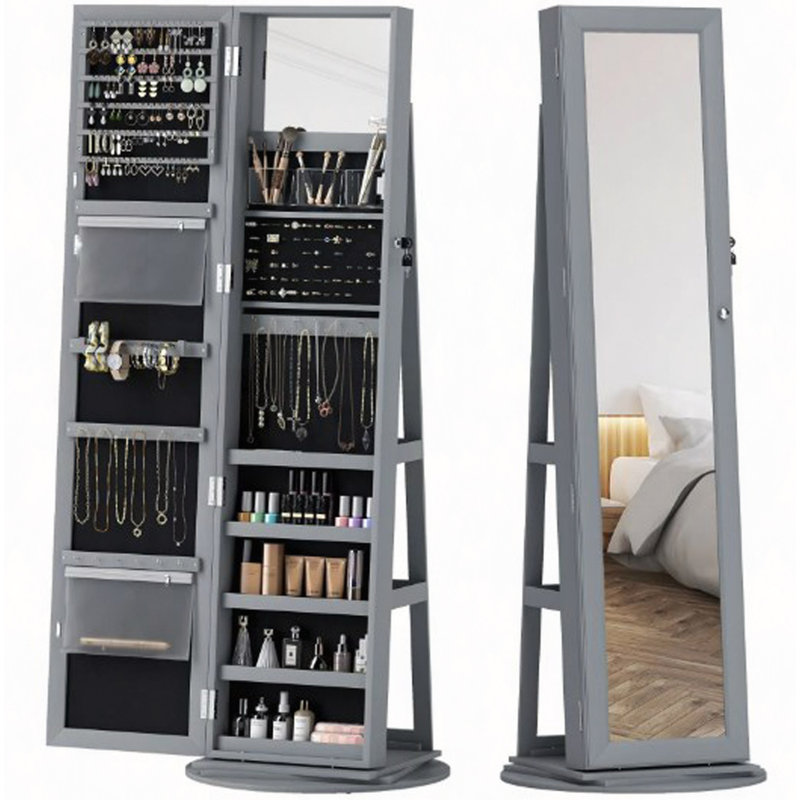 Mirror,360° Swivel Full-Length Mirror,With Storage Shelves, Gray