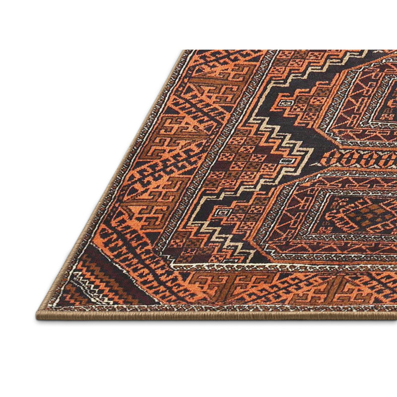 Tapis traditionnel rouge / brun Hua, Rectangle 2 pi x 4 pi