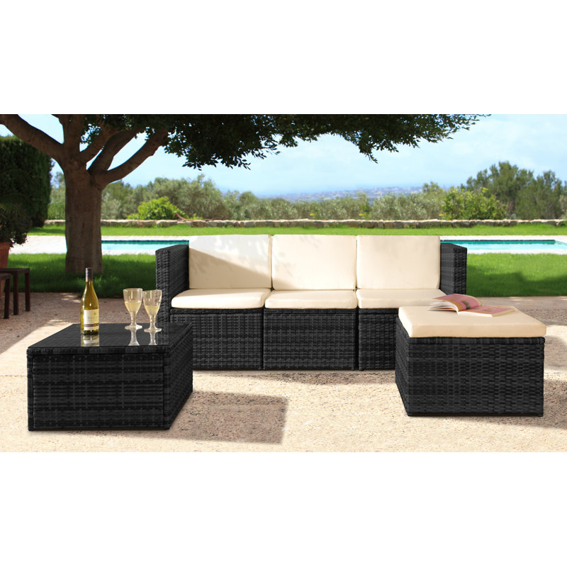 Myah 4 Seater Rattan Corner Sofa Set with Cover, Black