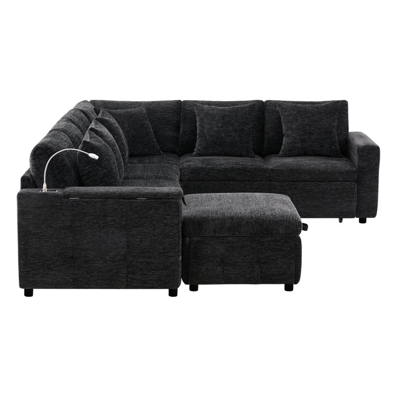 Lit coulissant en chenille de 117 po x 90 po avec 6 sièges, rangement pour mouvement, porte-gobelet rabattable, lampe de lecture tactile, double panneau de charge et oreillers, pivotant et de type C