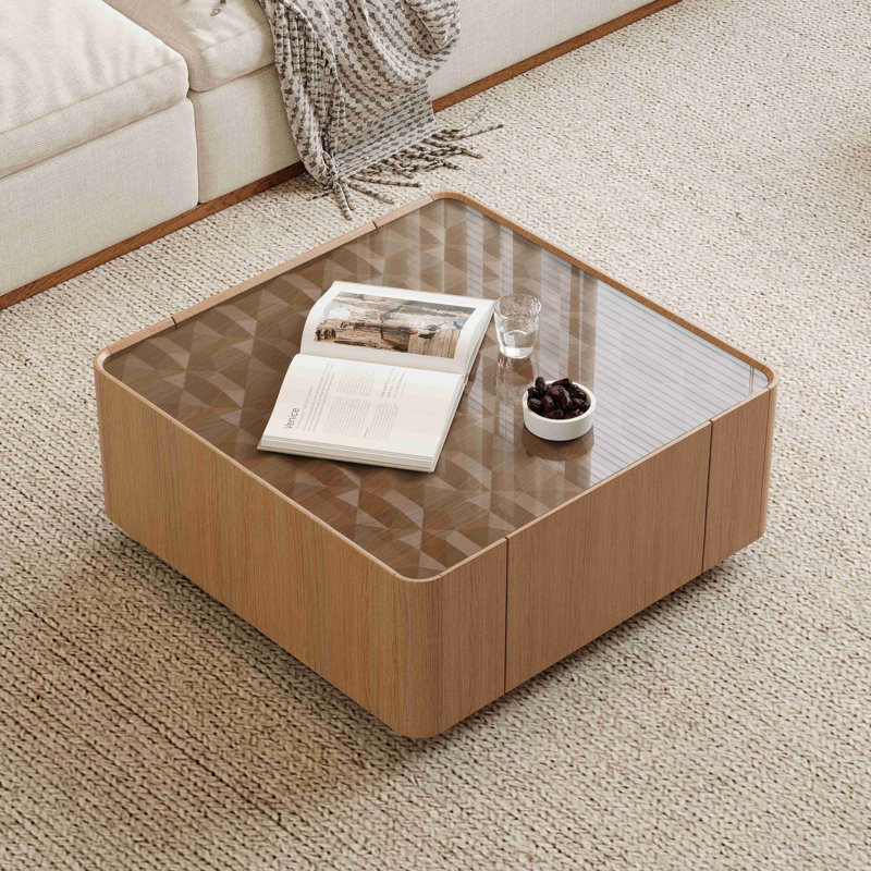 Table basse carrée avec tiroirs de rangement, table basse moderne en bois avec plateau en verre, tables de centre de table de thé pour le salon