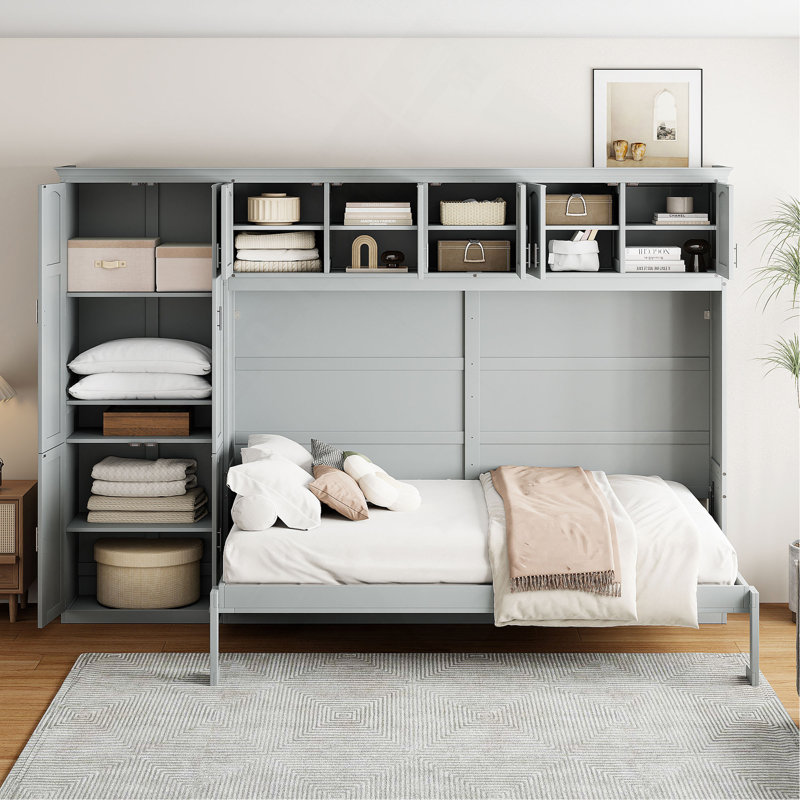 Grand lit escamotable mural avec armoires, Bois manufacturé, Gris