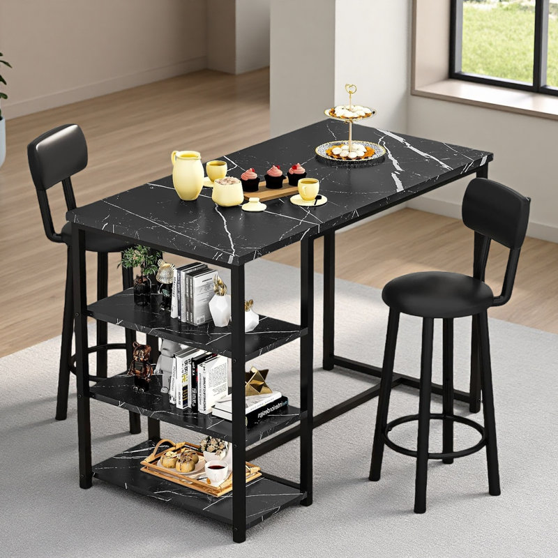 3-Piece Counter Height Bar Table Set With 3-Tier Open Storage Shelves, Modern Pub Dining Table Set With 2 Upholstered Bar Stools With Backrest & Footrest, Compact Kitchen Island Table Set For Small Spaces