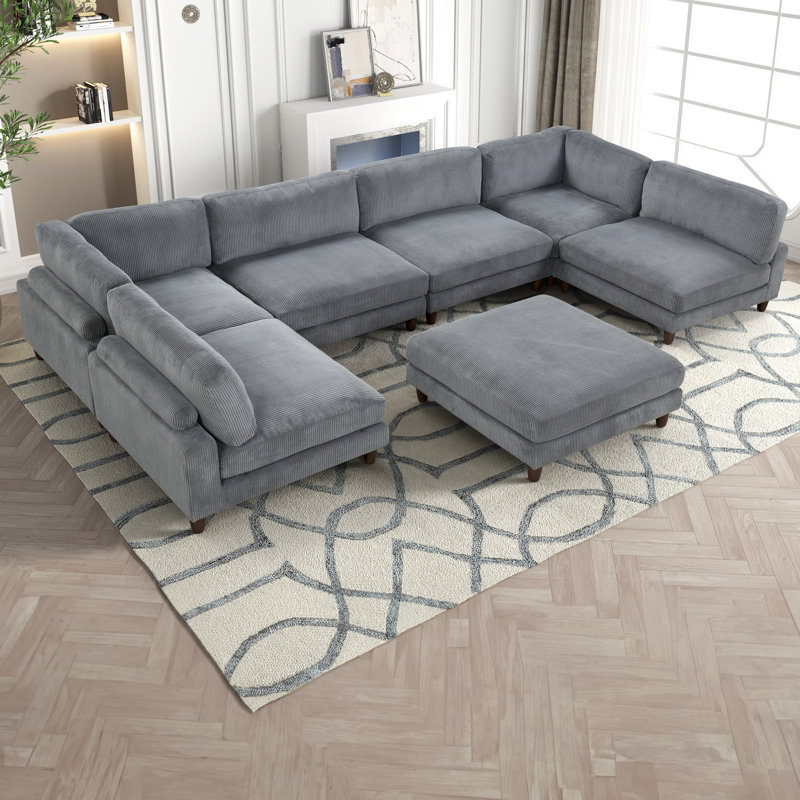 Canapé modulaire en U avec repose-pieds Avanna, Velours côtelé gris
