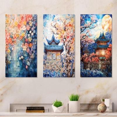 Bleu, Japon, arbre en fleurs, paysages I - ensemble de 3 reproductions d'art mural floral abstrait