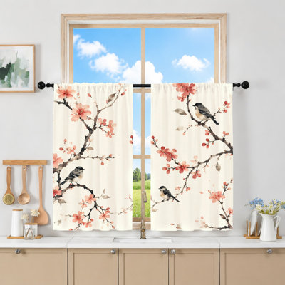 2 pièces de rideaux fleur de cerisier, tissu filtrant la lumière, style aquarelle rétro, parasol et protection de la vie privée, conception à passe-tringle, convient au salon, à la chambre à coucher, au balcon, à la cuisine, à la maison