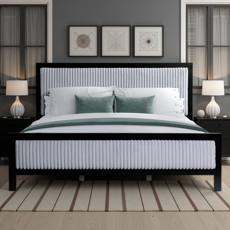 Upholstered Bed with Fluffy Soft Headboard, King