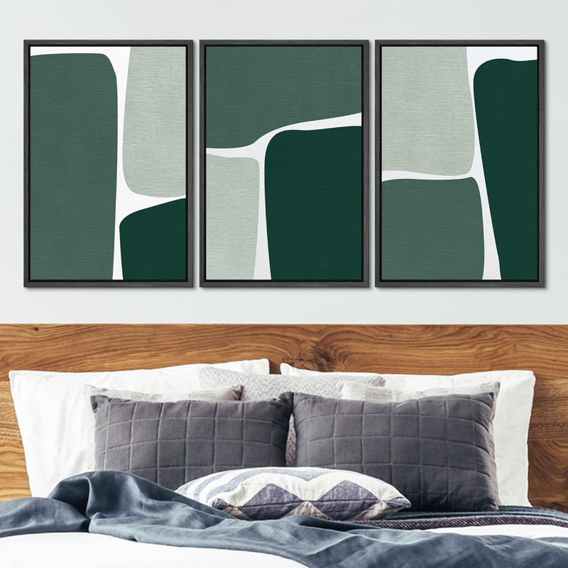 Mid Century Shape " Geometric Green Color Block " 3 - Pieces, 36" H x 24" W x 1.5" D, Black