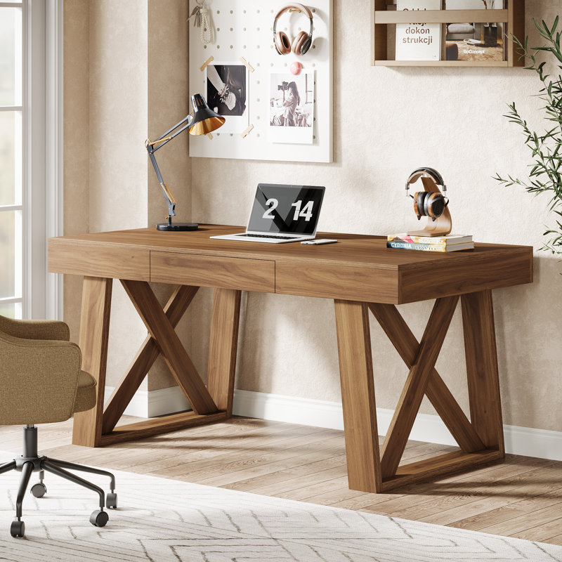 Retro Dark Brown Computer Desk With Small Drawer, 55" Extra Wide Desktop For Home And Office – Ideal For Gaming And Multi-Screen Setups