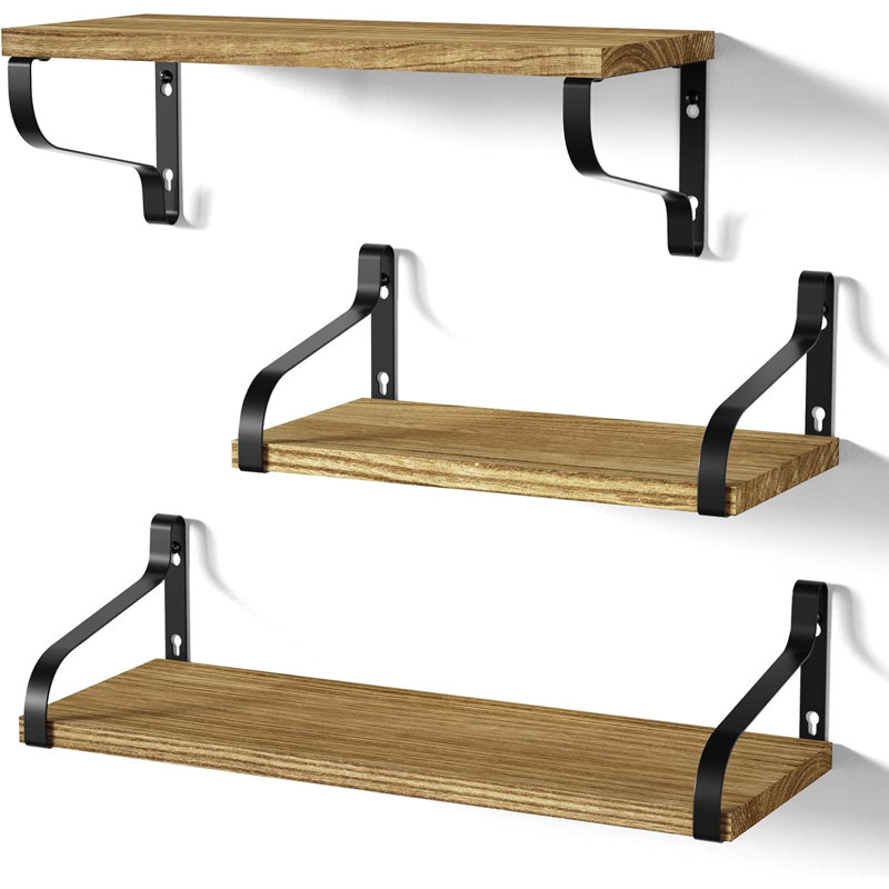 Floating Shelves For Wall Set Of 3, Rustic Wood Wall Shelves With Industrial Metal Brackets, Minimalist Display Shelves For Home Office Bedroom Bathroom Kitchen Storage And Decor