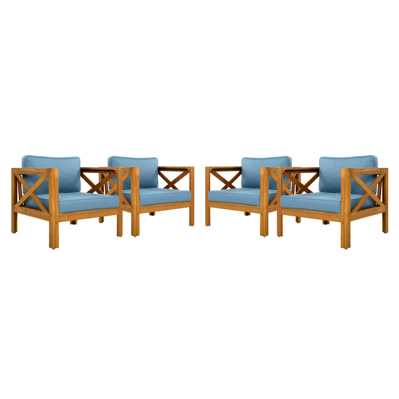 Fauteuil club d'extérieur en bois d'acacia avec coussins, Bleu