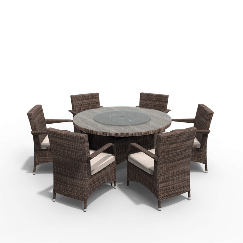 Hampton 7-Piece Outdoor Dining Set with Rectangular Table in PE Wicker and Cushions, Beige/Brown