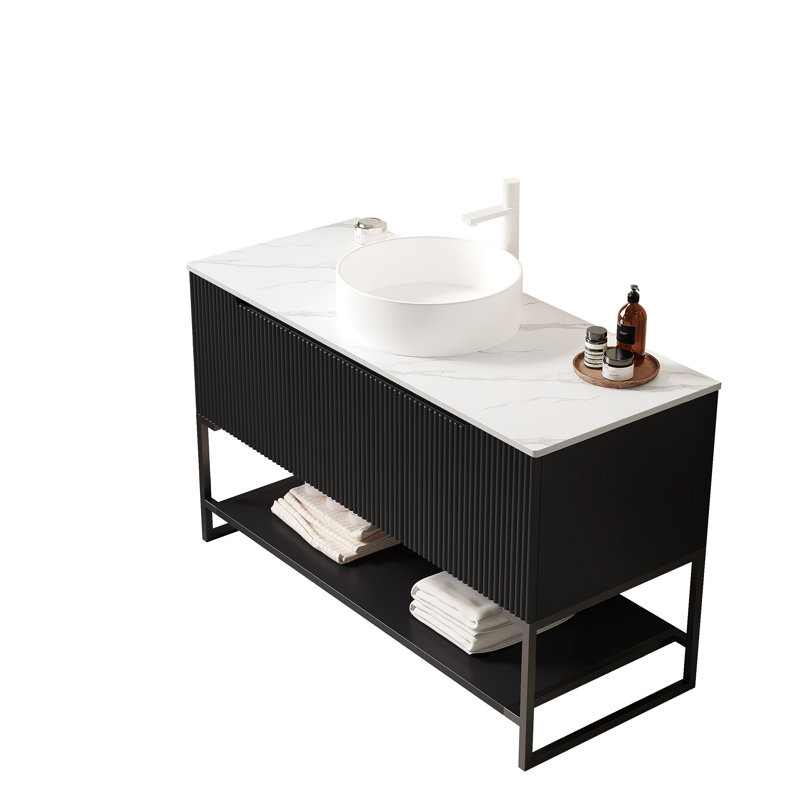 Meuble-lavabo de 48 po avec lavabo, meuble de rangement autoportant avec 3 portes et vasque ronde en céramique avec comptoir en pierre frittée