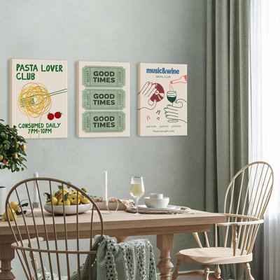 Vintage Trendy Green Canvas Wall Art Set Of 3 - Good Times Ticket Posters Prints Funny Pasta Lover Club Decor Picture Trendy Music Wine Painting Home Decor For Living Room Dining Room Framed