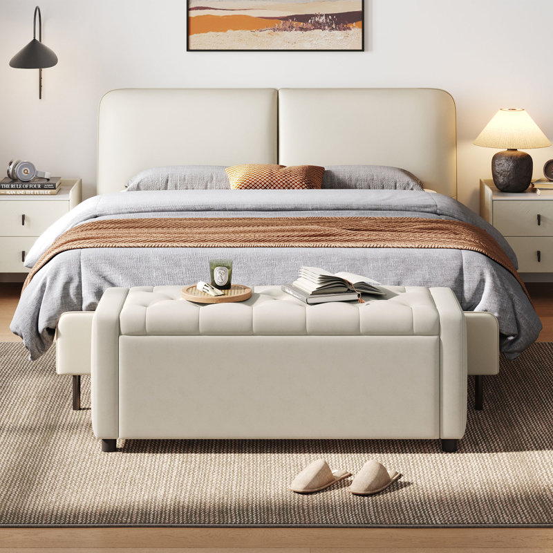 Banc de rangement rembourré capitonné Velet, Velours beige Mila