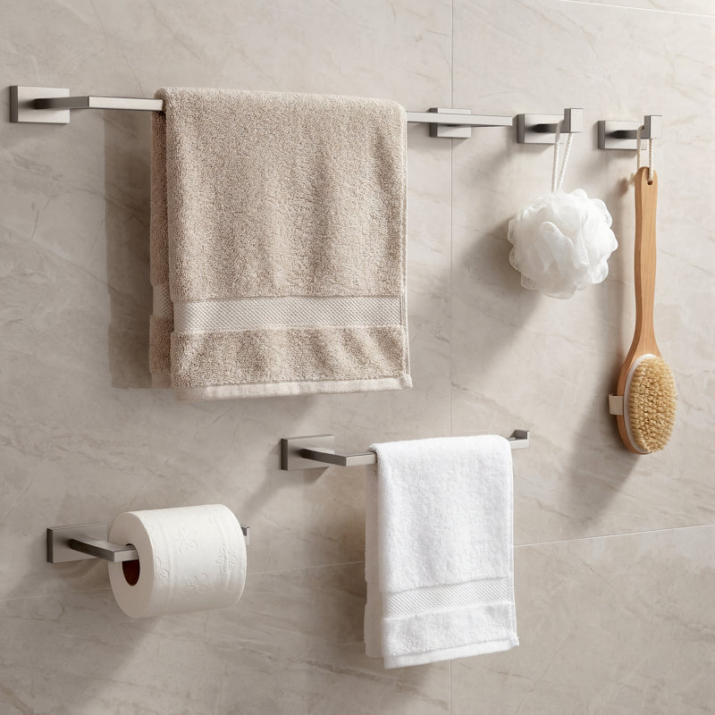 Nickel 5-Piece Bathroom Hardware Set, Wall Mounted Stainless Steel Towel Rack & Bar Accessories Kit, Nickel brossé