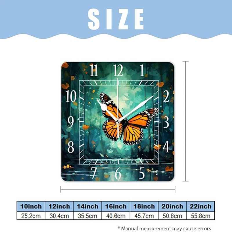 Horloge murale décorative de 10 pouces avec horloges carrées silencieuses pour la cuisine du salon, papillon 3