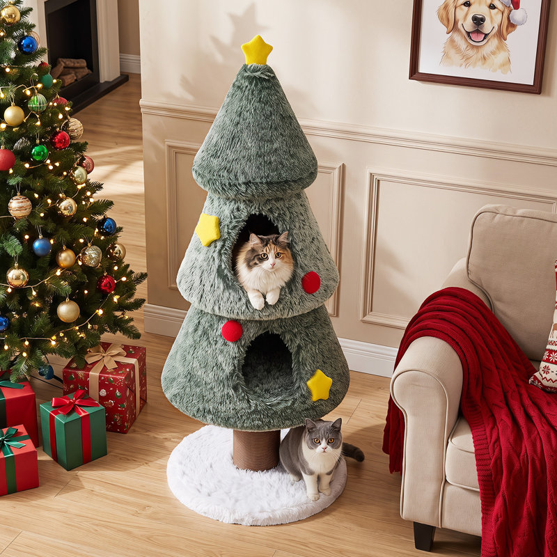 Arbre à chat de Noël avec 2 condos, tour à chat à niveaux multiples de 50 po avec poteau à griffes
