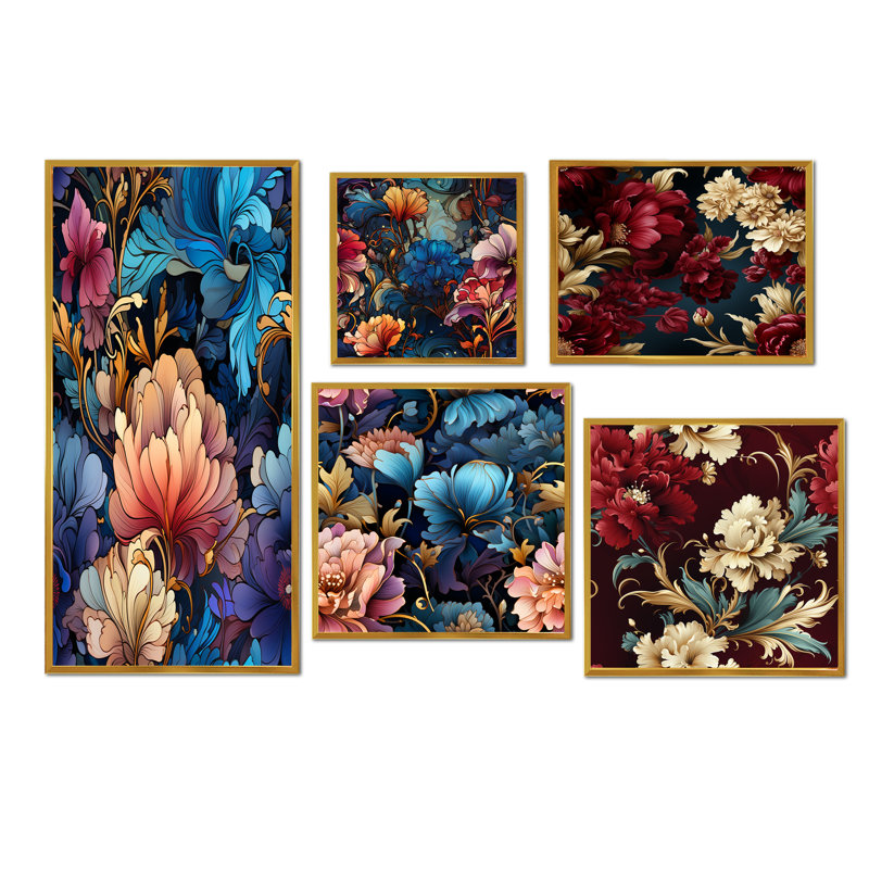 Kaleen - Ensemble de 5 impressions sur toile florales, Cadre flottant doré