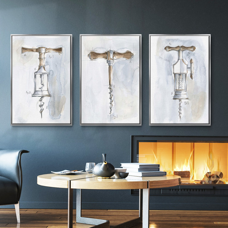 Ensemble de 3 flotteurs sur toile Corkscrew Variety II, H 27 po x l 54 po, Cadre flottant argent