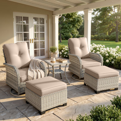5-Piece Outdoor Swivel Glider Chair Set With Cushions, Ottomans And Side Table