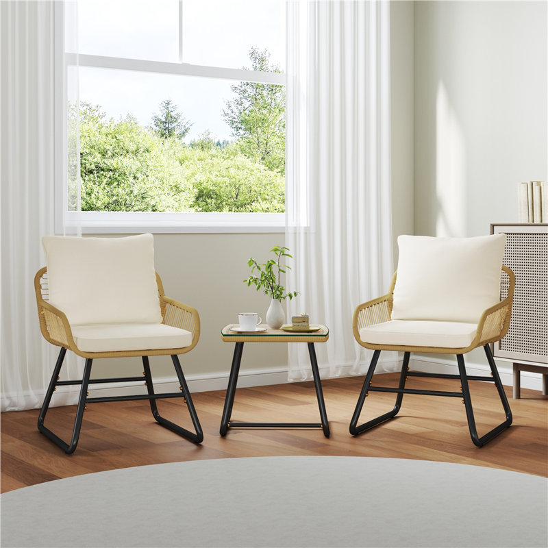 Ensemble bistro pour 2 personnes avec table basse Boho et 2 chaises avec coussins et coussins, Crème, crème